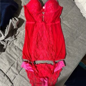 Victoria's Secret Red and Pink Lace Chemise